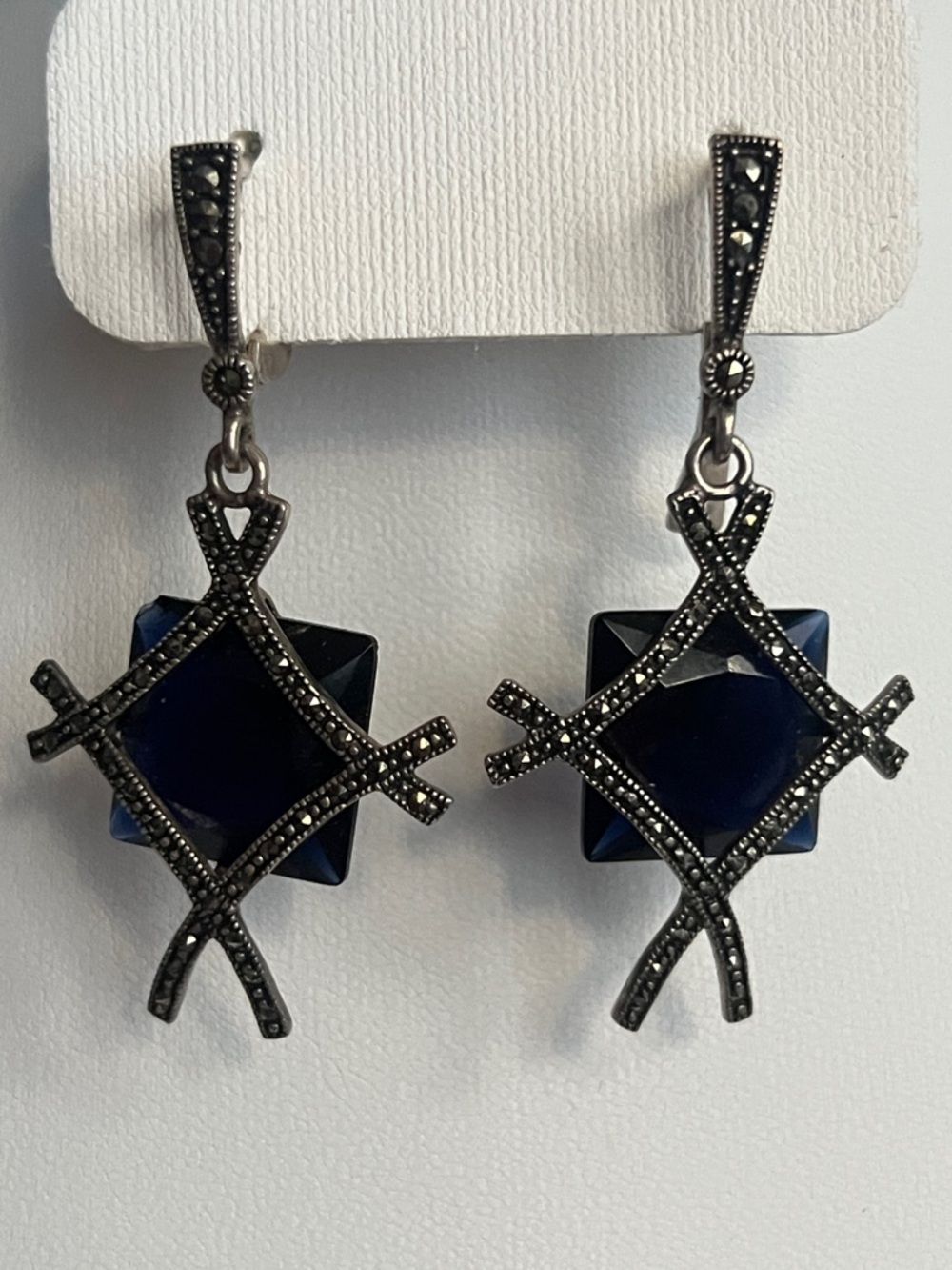 Vintage Silver toned Onyx Dangle Earrings with Marcasite Accents
